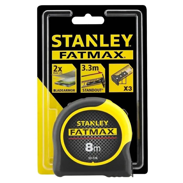Рулетка Stanley FatMax BladeArmor 33-728, лента 32 мм, с магнит, черен/жълт, 8 м
