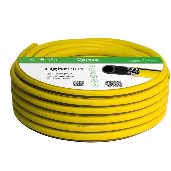 Vartco Light Plus kerti tömlő, víztömlő, 3 rétegű, keresztbe font poliészter erősítéssel, algásodásgátló belső réteg, UV-álló, sárga, 1'' x 30m