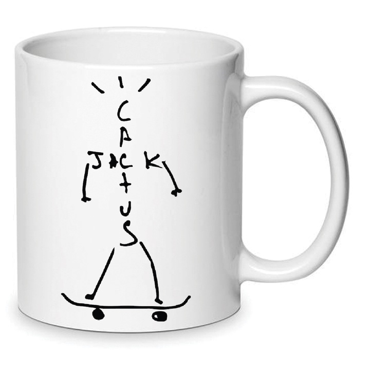 Cana ceramica Travis Scott Mug No5, design "Jack Cactus", 330ml, alb, finisaj lucios, rezistent la masina de spalat.