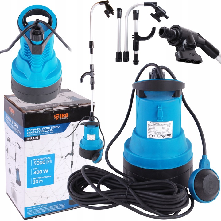 Pompa submersibila IBO IP Rain 400, 400W, debit 5000 l/h, inaltime de refulare 10 m, IP68, cu plutitor, pentru apa usor murdara, 230V, cablu 8 m, albastru/negru, 1 buc.