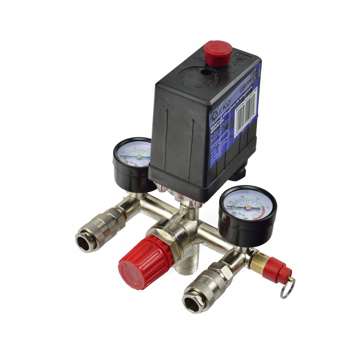 Comutator presostat Geko pentru compresor 230V, 2 manometre, 6-8bar, 1/4"
