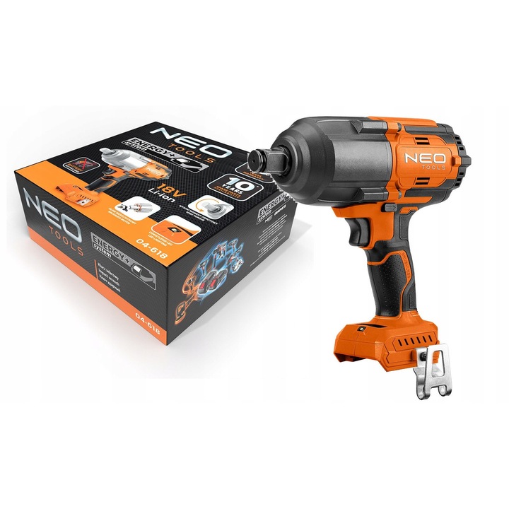 Ударен гайковерт NEO TOOLS Energy 04-618, безчетков, захват 1/2", въртящ момент до 1133 Nm, 18 V, оранжев/черен, 1 бр