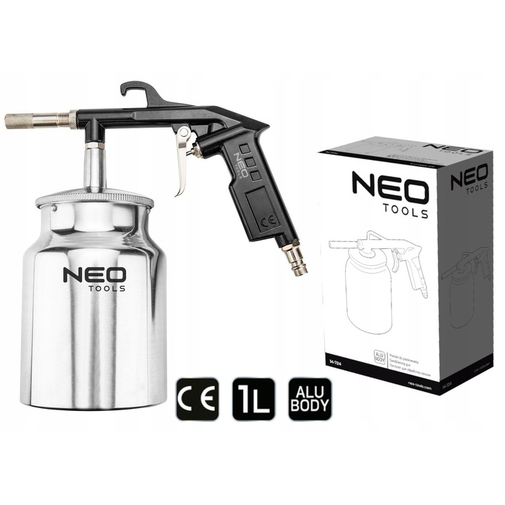 Pistol de sablare NEO TOOLS 14-724, pneumatic, rezervor 1 l, presiune de lucru 6 bar, argintiu
