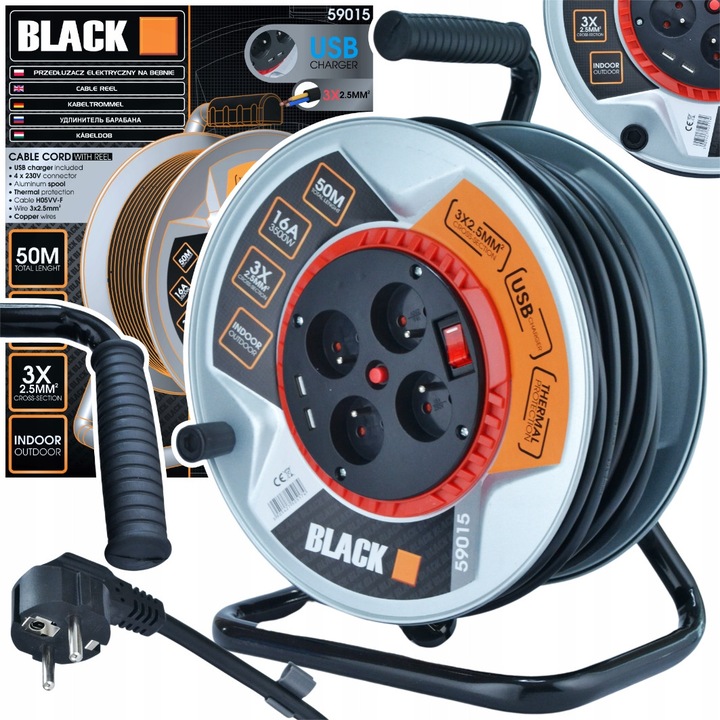 Fém hosszabbító Black 50m 3x2,5mm 4 aljzattal, 2xUSB, fekete