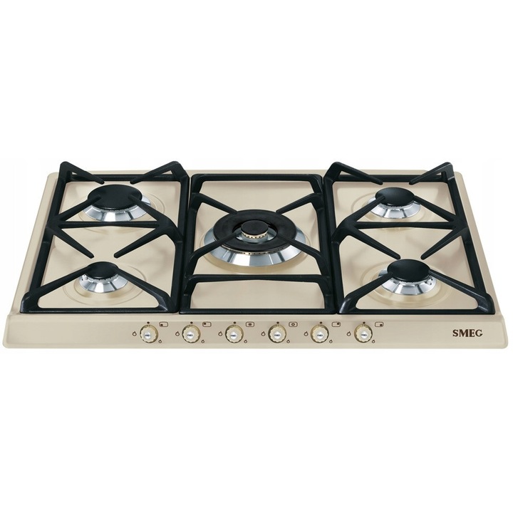 Plita gaz 70cm Smeg 5 arzatoare, gratar fonta, crem