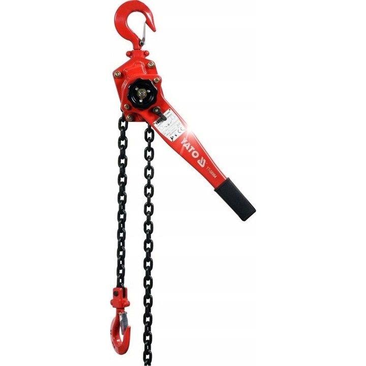 Palan manual cu lant Yato YT-58964, dispozitiv de ridicare, capacitate 1500 kg (1,5T), inaltime de ridicare 1,5 m, carcasa din otel anticoroziv, rosu/negru, 1 buc