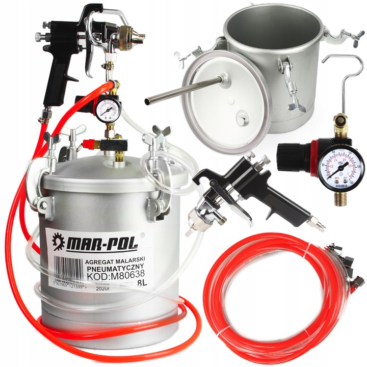 Agregat de vopsit pneumatic Mar-Pol M80638, rezervor aluminiu, pistol de vopsit cu duza 1,8 mm si regulator 0-10 bar cu manometru, argintiu, 8 L