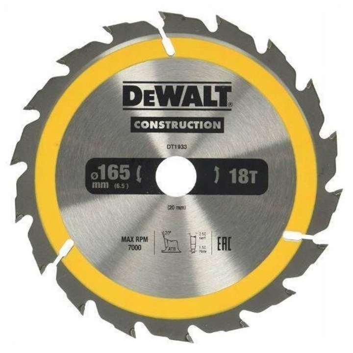 Disc pentru ferastrau circular DeWalt DT1933, pentru lemn Nail Tough, 165 mm x 20 mm, 18 dinti, cu vidia, grosime placa 1.5 mm, argintiu/galben, 1 buc