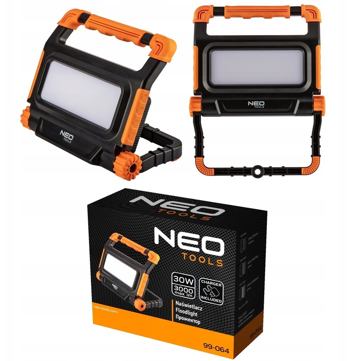 NEO TOOLS 99-064 LED projektor / munkalámpa akkumulátoros, 3000 lm 30W SMD LED, power bank funkció, USB-C, 8000 mAh, IP54, fekete/narancs, 1 db