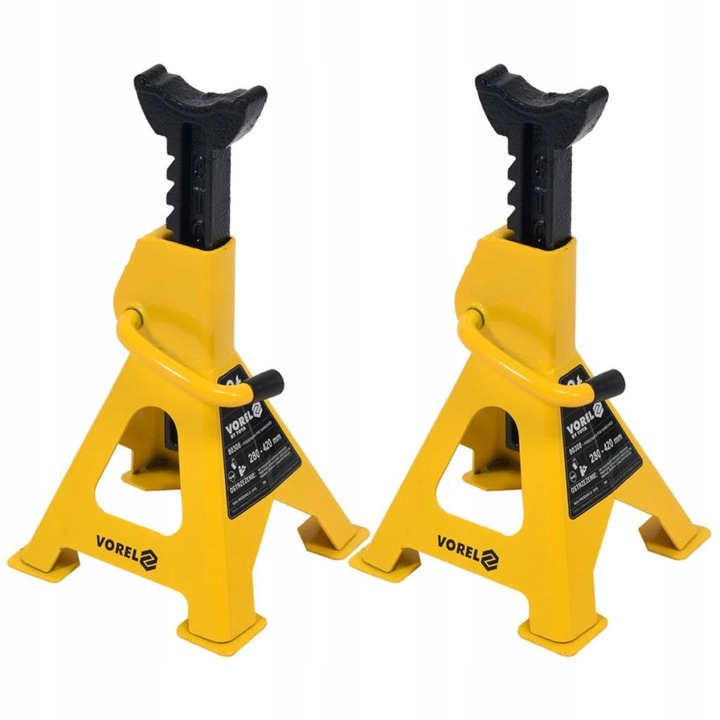 2 darabos készlet, Vorel 80308 autós támaszték, állítható támasztó bak, 3 t teherbírás, 280-420 mm állítási tartomány, korróziógátló bevonat, sárga