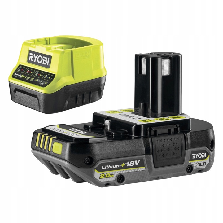 Set 2 piese, acumulator/baterie si incarcator Ryobi RC18120-120, 18 V, 2,0 Ah, incarcare 1 h, compatibil One+, negru/verde