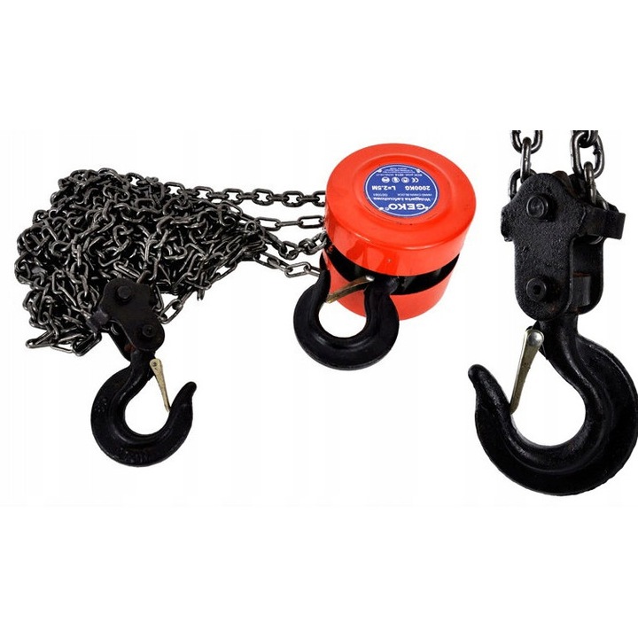 Troliu manual Geko G01090, capacitate 1T, cursa 2,5 m, lant 6 mm, carlig din otel calit cu blocare, Rosu/Negru, 1 buc