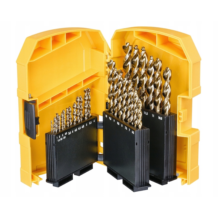 29 darabos készlet, DeWalt Extreme HSS DT7926 fémfúrók, speciális geometria a sorjamentes fúráshoz, vas-oxid bevonat a kopásállóságért, hengeres szár, O 1-13 mm, arany/sárga