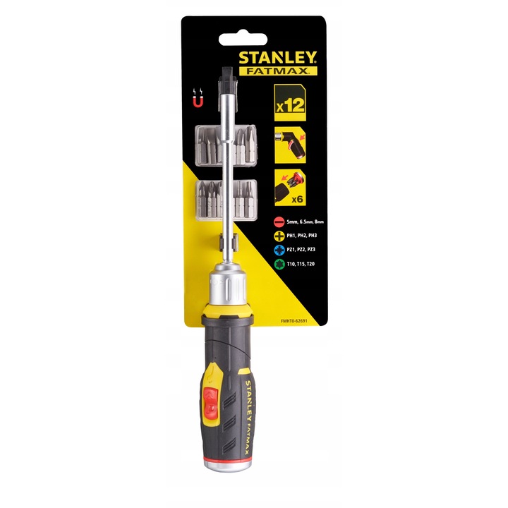 Комплект отвертки Stanley 12 части, тресчотка, променлив размер, черно-сив