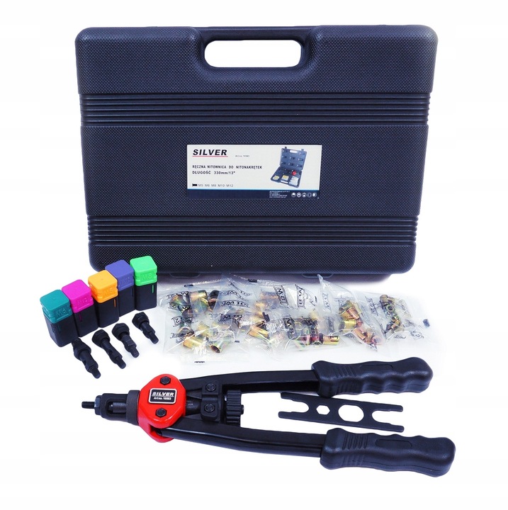 Комплект инструменти, SilverTools, ръчна нитачка M5-M12, 5 глави, куфар за съхранение