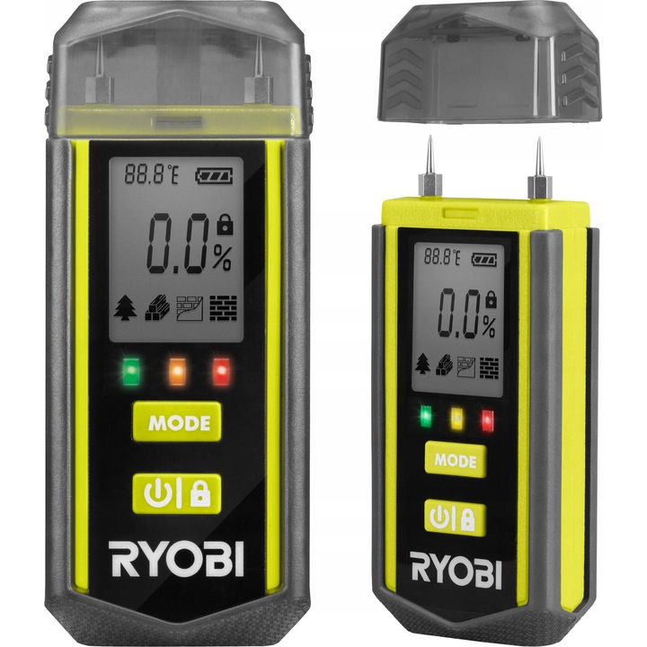 Umiditásmérő detektor Ryobi RBPINMM1, 4 mód: puhafa/keményfa/gipsz/beton, zöld/sárga/piros LED-es kijelzők, LCD kijelző, 15 mm-es elektródák, 9 mm-es mérési mélység, sárga/fekete, 1 db