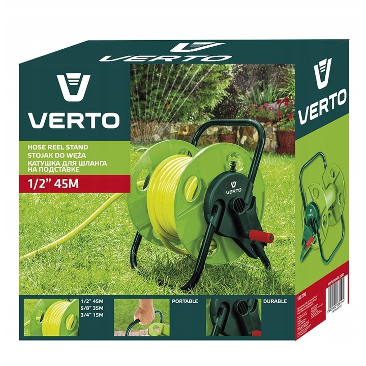 Set pentru udare VERTO 15G790, suport tambur mobil din plastic durabil, furtun 1/2" 30 m rezistent UV, pistol pulverizator 8 functii cu reglaj si fitinguri 1/2, Verde, 30 m