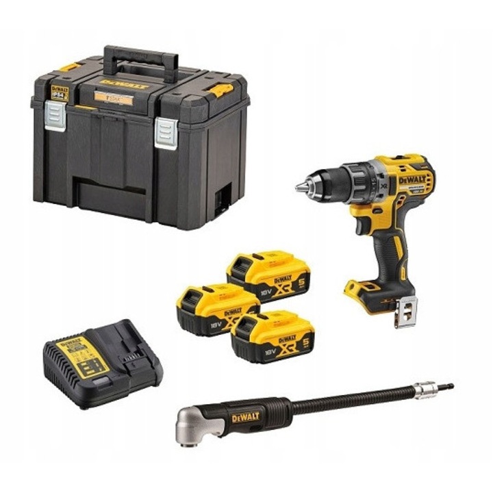Bormasina DeWalt DCD791P3A 18V fara perii 3x5Ah cu prelungitor unghiular, 173x203x67mm
