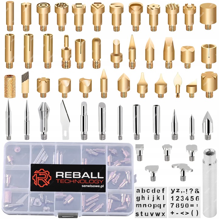 Set accesorii pentru pirografie Reball, 57 elemente, diverse capete, cutie organizator, pentru lucrari DIY
