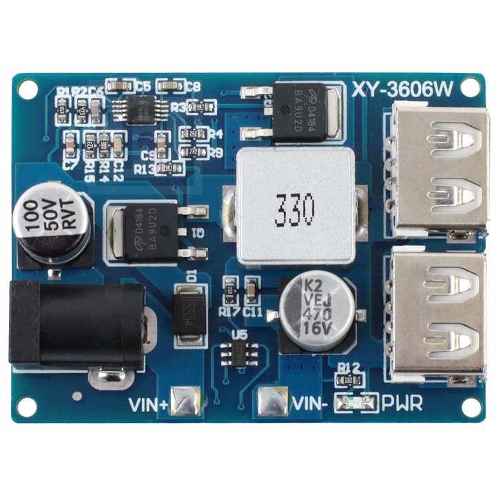 Incarcator step-down 2x USB 5V 6A Reball, 9-36V, dimensiuni 53x40x21mm, set cu carcasa din plexiglas