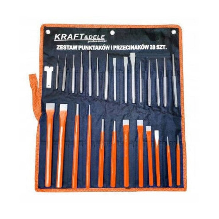 Set de punctatoare si taietoare 28 elemente Kraft&Dele, otel, organizator, pentru uz profesional si casnic, multicolor