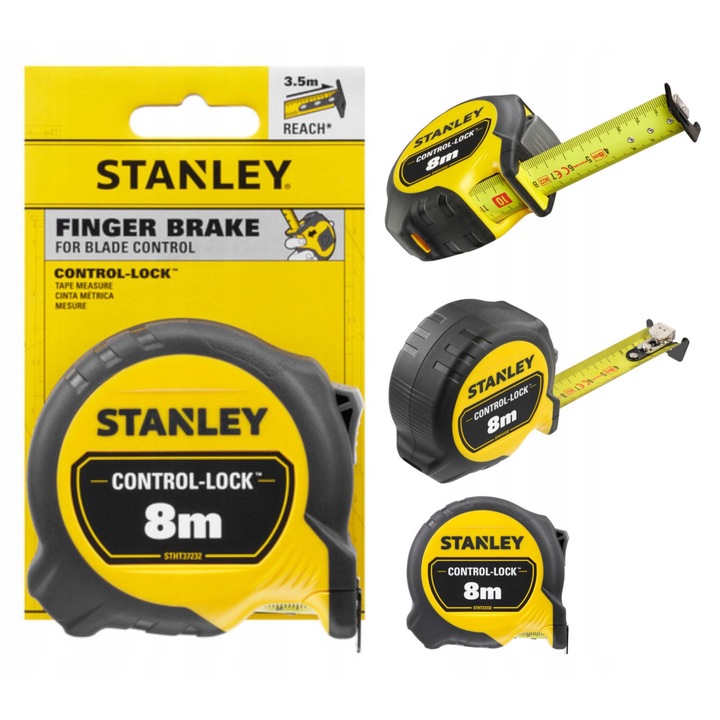 Рулетка Stanley Control-Lock STHT37232-0, 8 м x 25 мм, със спирачка за острието, противоплъзгащ корпус, Жълт/Черен, 1 бр