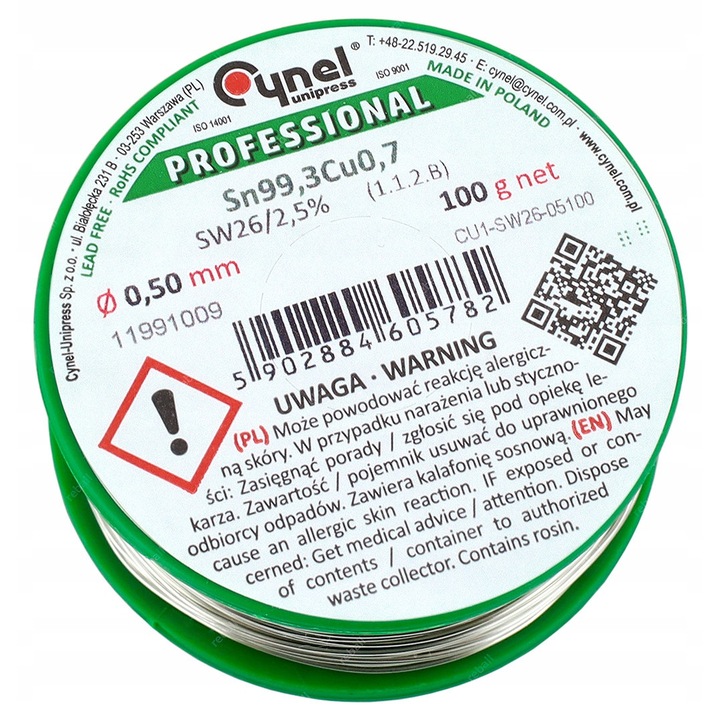 Cynel, ólommentes forrasztóhuzal Sn99,3Cu0,7, 0,5mm, 100g, 2,5% folyasztószerrel