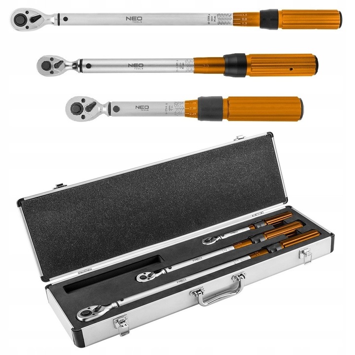 Set chei dinamometrice NEO, 3 piese, 1/4" 5-25 Nm, 3/8" 20-120 Nm, 1/2" 60-330 Nm, cutie aluminiu