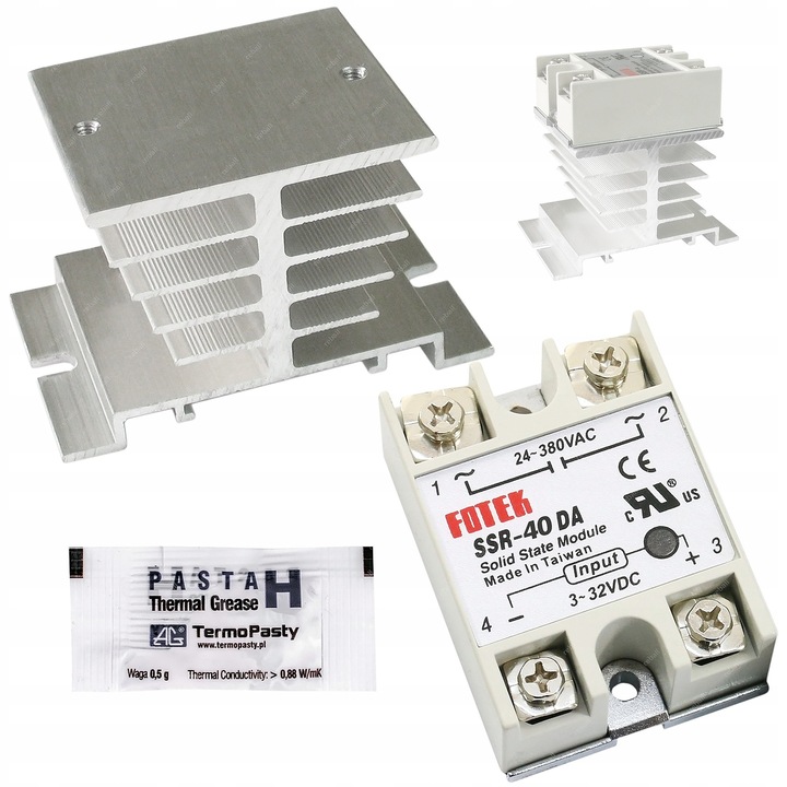 Fotek SSR-40DA 40A DC-AC kapcsolómodul készlet, hűtőborda 1F, hővezető paszta 0,5g