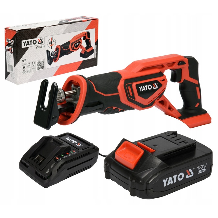Fierastrau sabie Yato YT-82814, acumulator Li-Ion 18 V 2.0 Ah, incarcator rapid inclus, capacitate taiere lemn 80 mm, rosu/negru, 1 buc
