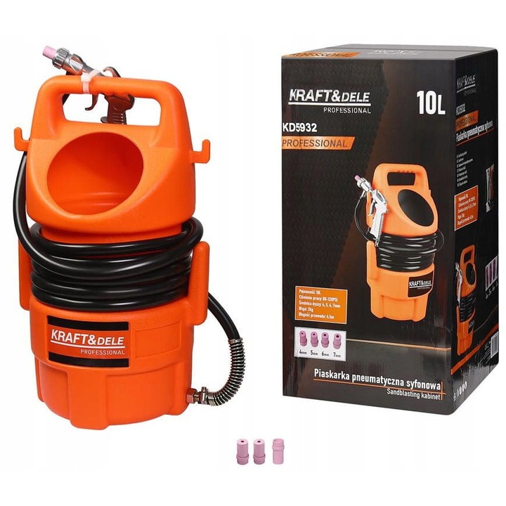 Пневматичен пясъкоструйник (апарат за пясъкоструене) Kraft&Dele KD5932, с резервоар 10L, 4 дюзи (4/5/6/7 mm), налягане 80–120 PSI, оранжев, 1 бр
