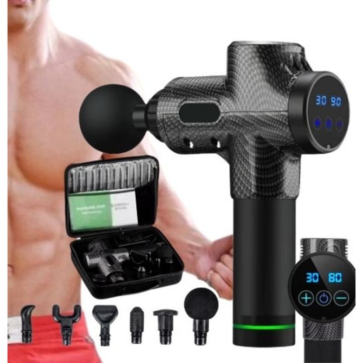 I-Tec GunPro masszázspisztoly, 6 fej, 30 sebesség, 2400mAh akkumulátor, fekete