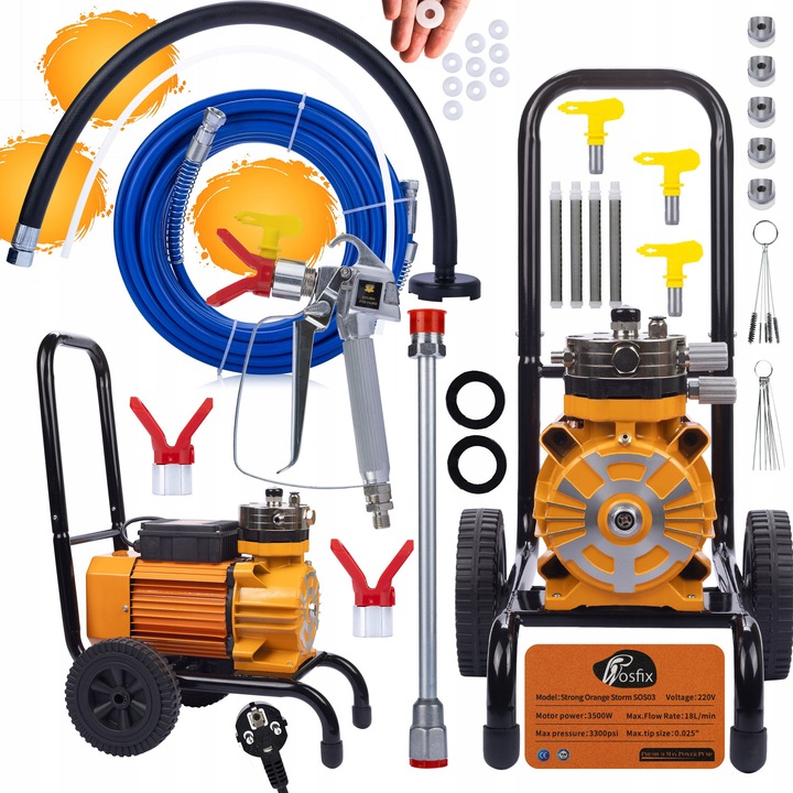 Rosfix Strong Orange Storm SOS03 festékszóró, 3500W, 22MPA, tartozékkészlet, 18L/perc, 8m, többszínű