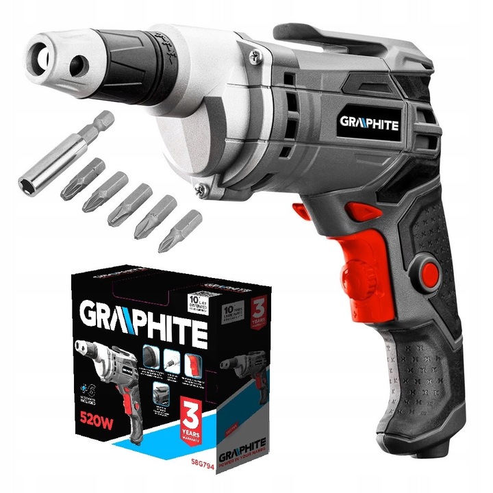 GRAPHITE 520W fúró-csavarozó, mélységállítás, 4m kábel, komplett készlet
