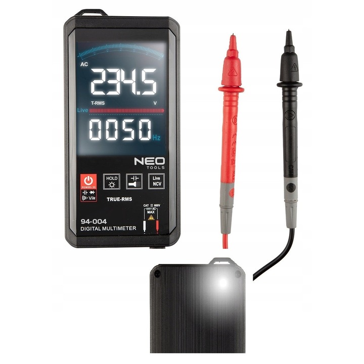 Цифров мултиметър NEO TOOLS 94-004, True RMS, тъч панел, цветен LCD екран с подсветка, NCV (безконтактно откриване), AC/DC 600V, измерване на температура °C/°F, включва 2 сонди, фенерче, функция задържане, черен, 1 бр