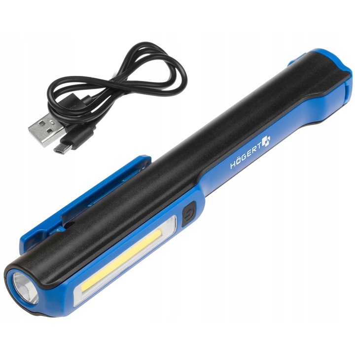 Инспекционен фенер Hoegert Technik HT1E406, COB LED 3W 160 lm, акумулатор 3.7V 1200 mAh, USB зареждане, магнити и въртяща се кука на 120°, син/черен