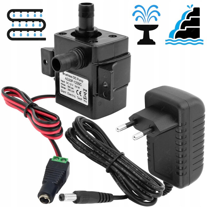 Set mini pompa de apa submersibila, Reball, 12V, 240l/h, IP68, cu adaptor si alimentator 12V 2A