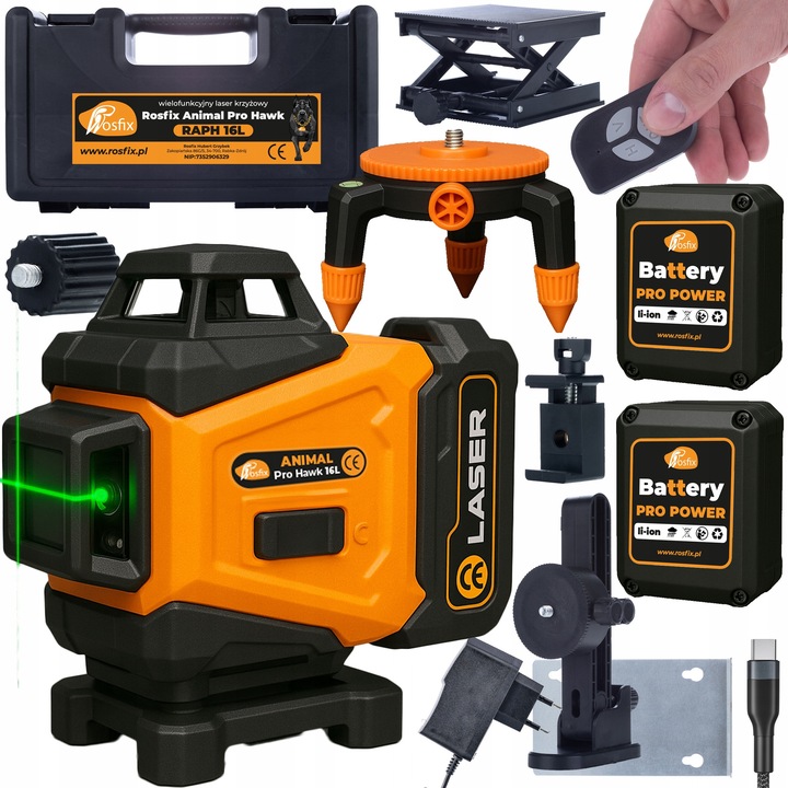 Nivela laser Rosfix Animal Pro Hawk RAPH 12L, 12 linii, USB-C, 2 acumulatori, set complet