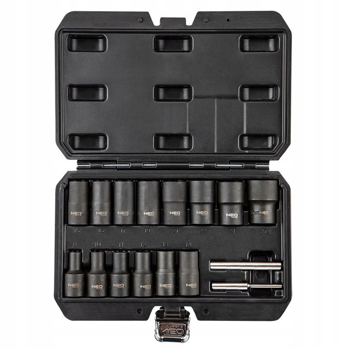 Set nasadki 1/2" NEO TOOLS, 14 piese, 8-27mm, cu 2 wybijaki, valiza inclusa