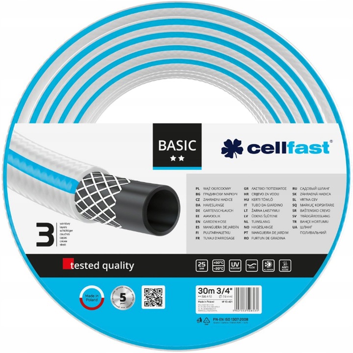 Градински маркуч Cellfast Basic 3/4", 3 слоя, UV устойчив и против водорасли, макс. налягане 25 бара, бял/син, 30 м