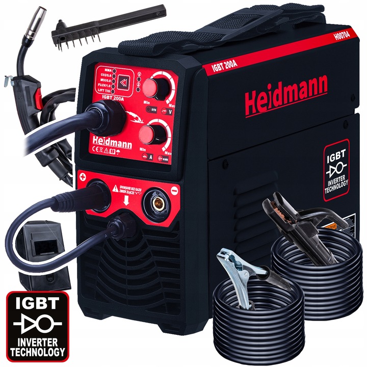 Инверторен заваръчен апарат Heidmann MIG/MAG, MMA, FLUX 200A, 230V, 40-200A, пълен комплект