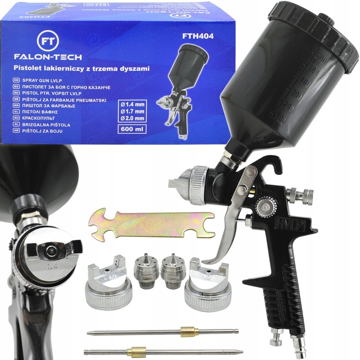Falon-Tech festékszóró pisztoly, 3 cserélhető fúvóka 1,4mm, 1,7mm, 2,0mm, HVLP, 600ml