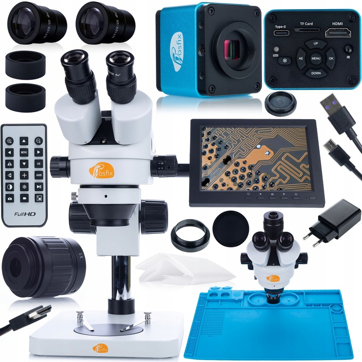 Rosfix Mercury optikai mikroszkóp készlet, 4K HDMI kamera, szilikon alátét, kijelző tartó, 8 hüvelyk