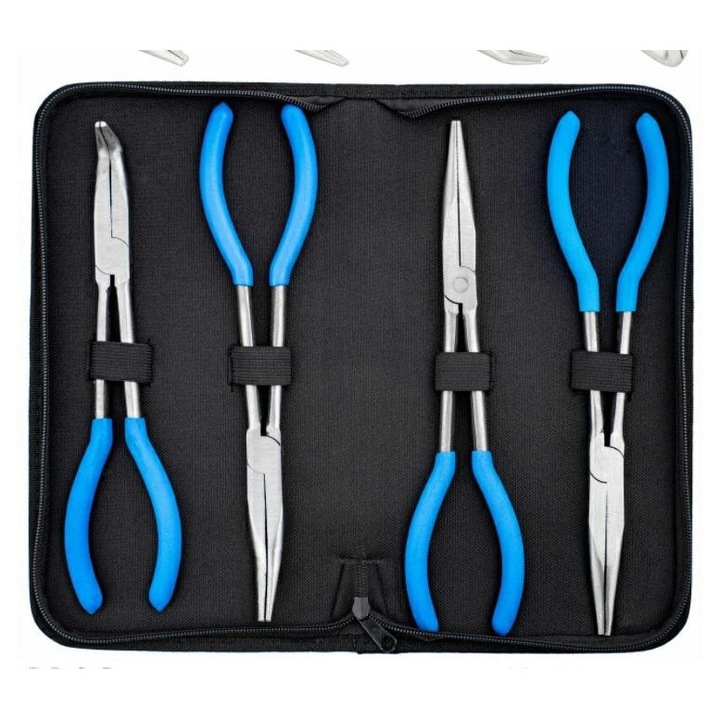 Дълги клещи, SilverTools, комплект 4 части, 280мм, от хром-ванадиева стомана, изолирани и противоплъзгащи дръжки