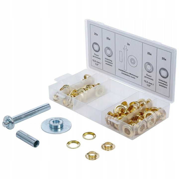 Fém szerelőkészlet 103 darab, BGS 8111, 50 fűzőlyuk, belső átmérő 11,5mm, külső átmérő 24mm, szerelőszerszámok (3 elem)