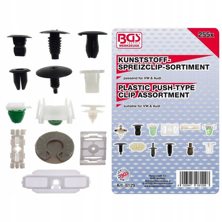 Set cleme tapiserie auto BGS, 255 bucati, pentru VW/Audi, diverse dimensiuni, multicolor