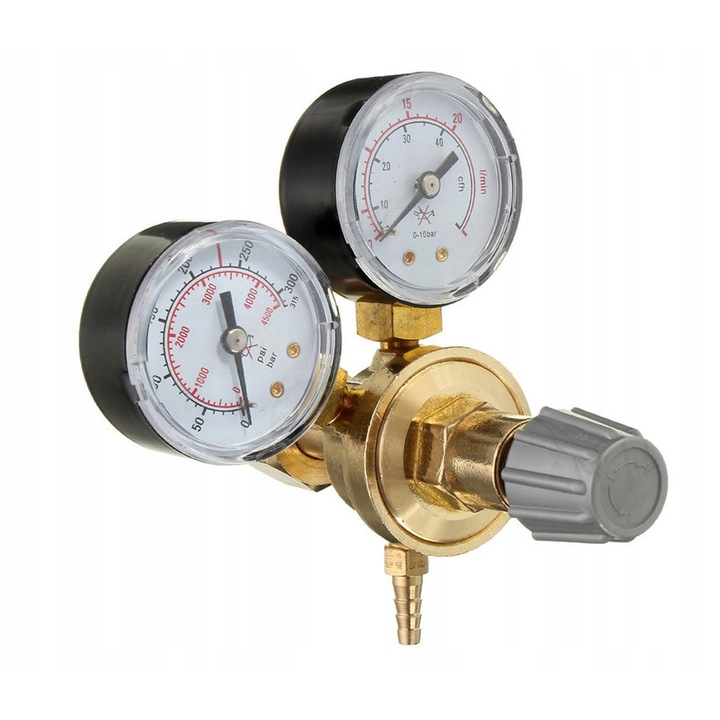 Reductor presiune Geko G80034, pentru CO2 si argon, cu doi manometre, corp din alama, filet intrare W21,8 x 1/14, filet iesire G1/4, 20 l/min, Multicolor, 1 buc