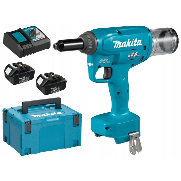 Akkumulátoros szegecselőgép 18V, Makita, DRV150 modell, 2 db 3.0Ah akkumulátor, méretek 313x80x287mm, súly 1.9-2.2kg