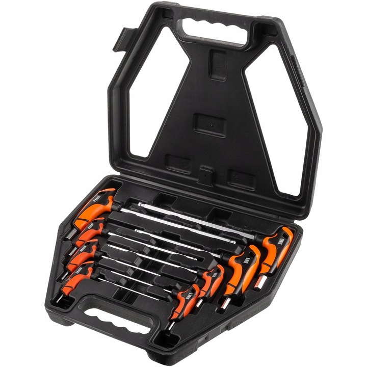 RICHMANN C6605 T-típusú imbuszkulcs készlet, króm-vanádium CR-V acélból, ergonomikus T-fogantyú, gömbfej 25°, műanyag tok, fekete/narancs, 8 darab (2-10 mm)