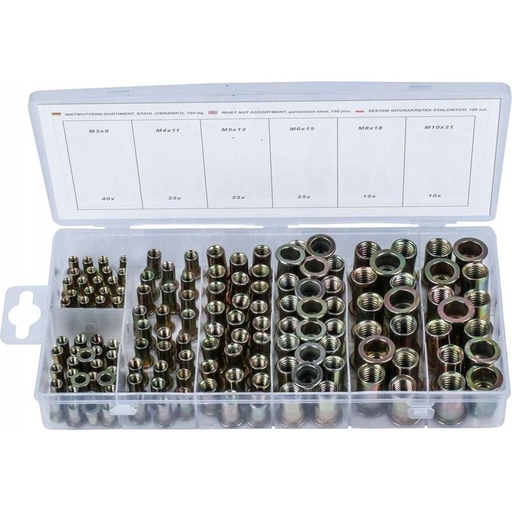 Set suruburi Condor, 150 bucati, dimensiuni M3x9mm, M4x11mm, M5x13mm, M6x15mm, M8x18mm, M10x21mm, zincat